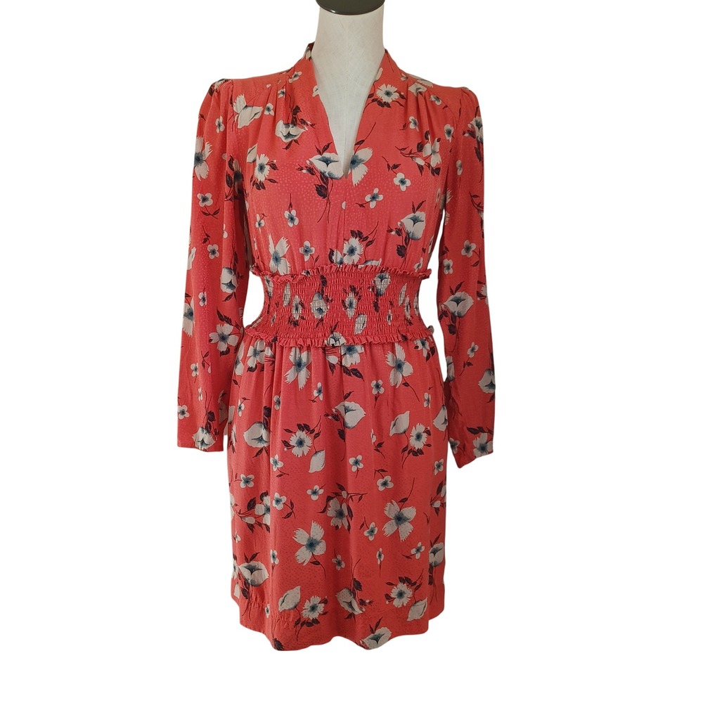 Rebecca Taylor Coral Floral Silk Blend Smocked Waist Mini Dress Pockets Size 2